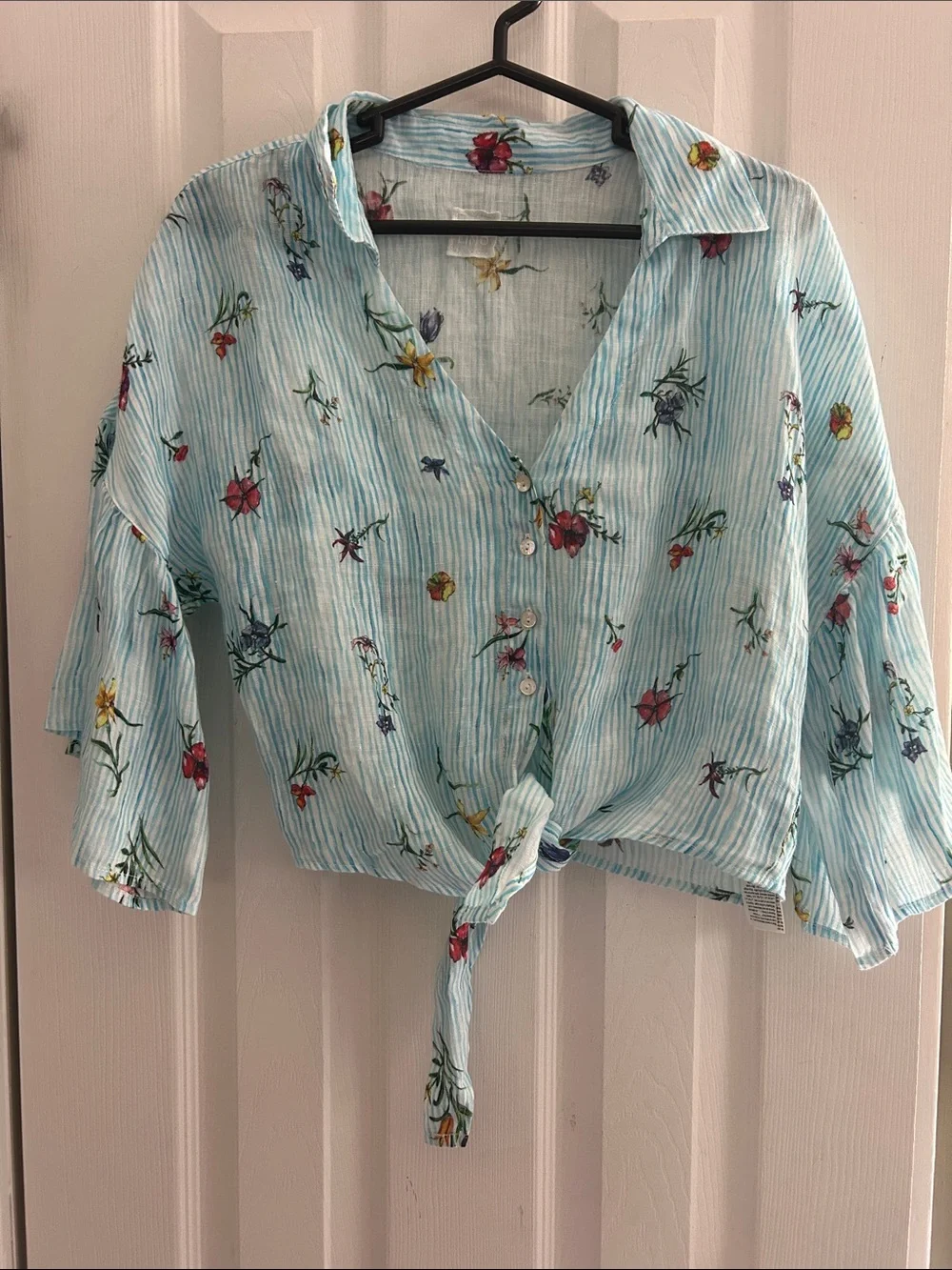 120 LINO% BLUE  FLORAL TROPICAL BEACH TIE FRONT SHIRT SIZE 42 NWOT